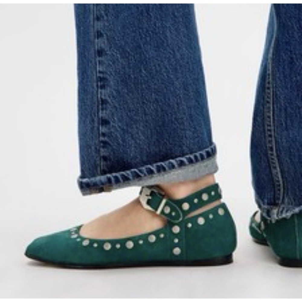 Free People Mystic Studded Mary Jane Ballet Flats Teal Green Suede - Picture 10 of 10